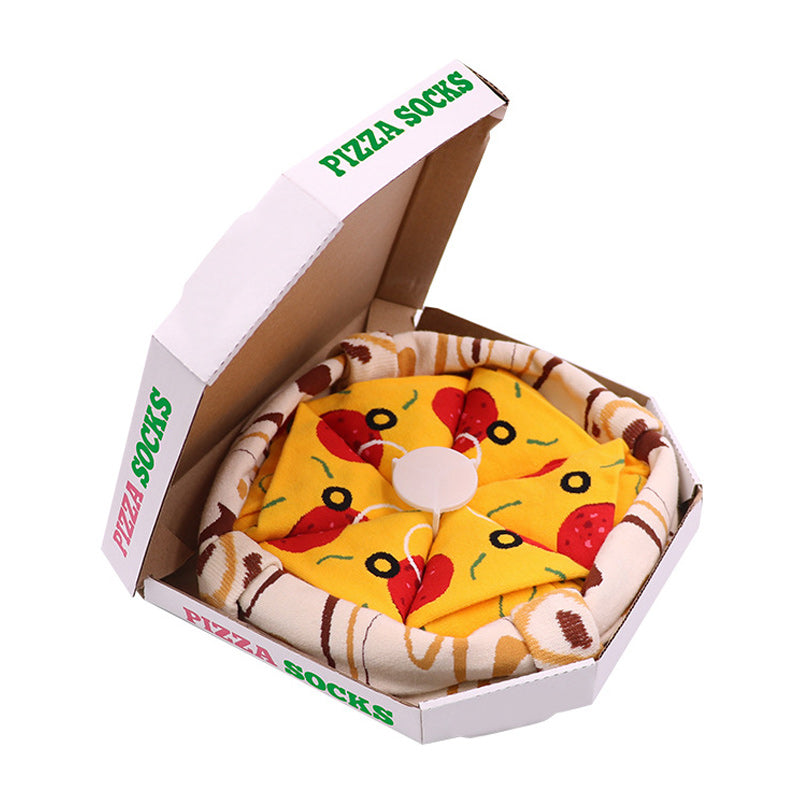 Kreativt tilbehør: 4 par myke unisex pizzasokker i bomull, elegant presentert i matchende pizzaboks.