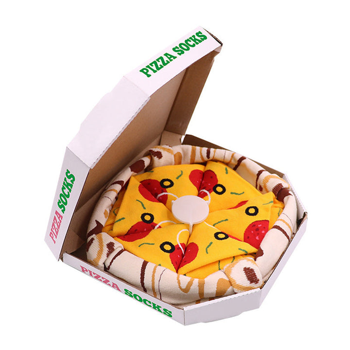 Kreativt tilbehør: 4 par myke unisex pizzasokker i bomull, elegant presentert i matchende pizzaboks.