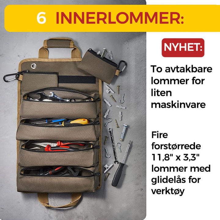 Verktøyrull med mange separate lommer for systematisk og effektiv verktøyoppbevaring.