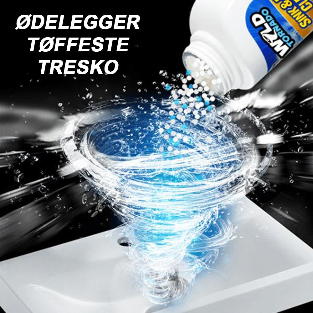 Detaljert bilde av flasken med Kraftig Avløpsrenser, klar til å fjerne blokkeringer i rør og avløp.