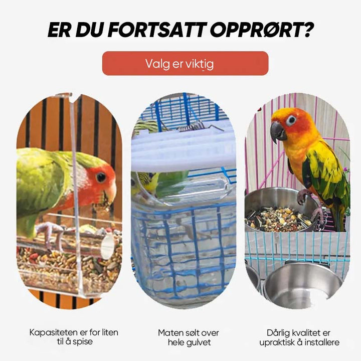 Innovativ automatisk matdispenser for fugler, reduserer søl i buret effektivt.