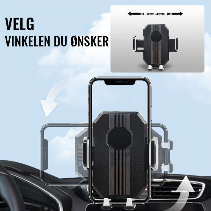 Sikker mobilholder for smarttelefon i bil, holder telefonen stabil og tilgjengelig.