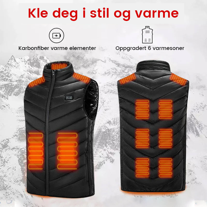 Grå oppladbar varmevest for menn og kvinner, ideell for turklær og utendørsaktiviteter.