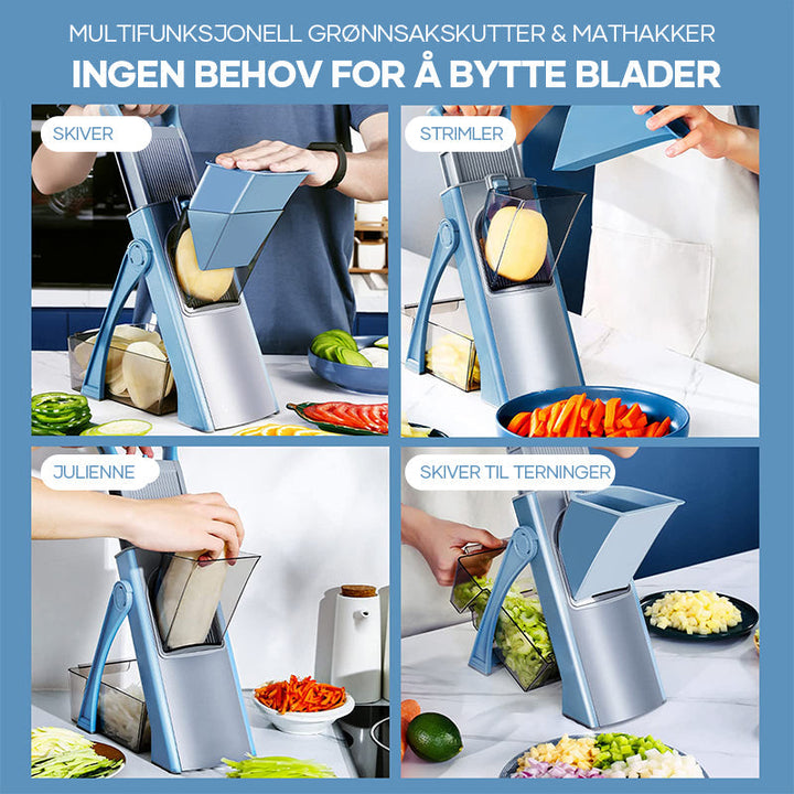 Grønnsakskutter fylt med gulrøtter, poteter og paprika, klar for tilberedning. Essensielt kjøkkenutstyr.