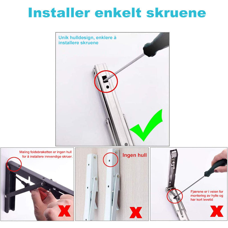 Monterbar sammenleggbar hyllebrakett i stål for rask og enkel hylleinstallasjon.