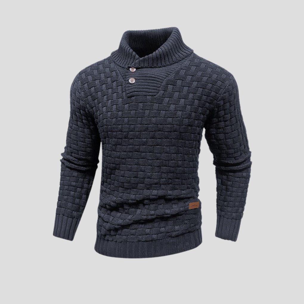 Nærbilde av knappestolpen på en elegant herregenser med halv krage. Moderne og stilfull design for menn.