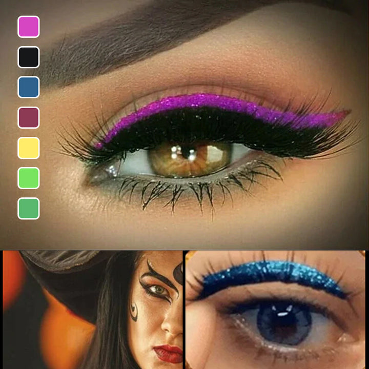 Gjenbrukbart vipper & eyeliner klistremerke på en kvinnes øye, viser perfekt kattøye makeup.