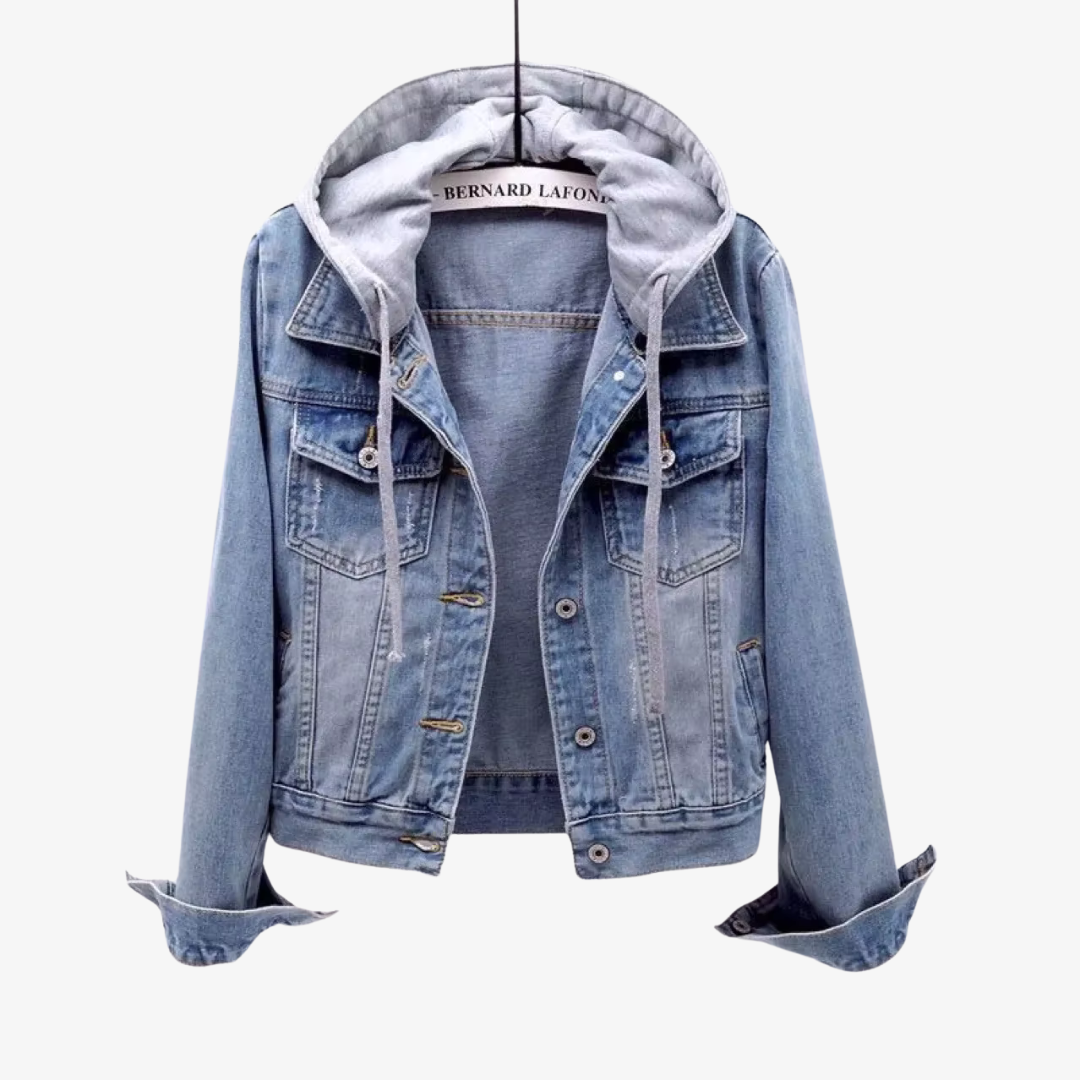 Trendy kort denimjakke for kvinner i blått, med avtakbar hette for en fleksibel look.