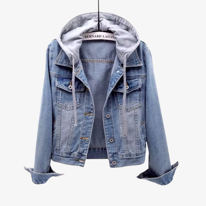 Trendy kort denimjakke for kvinner i blått, med avtakbar hette for en fleksibel look.