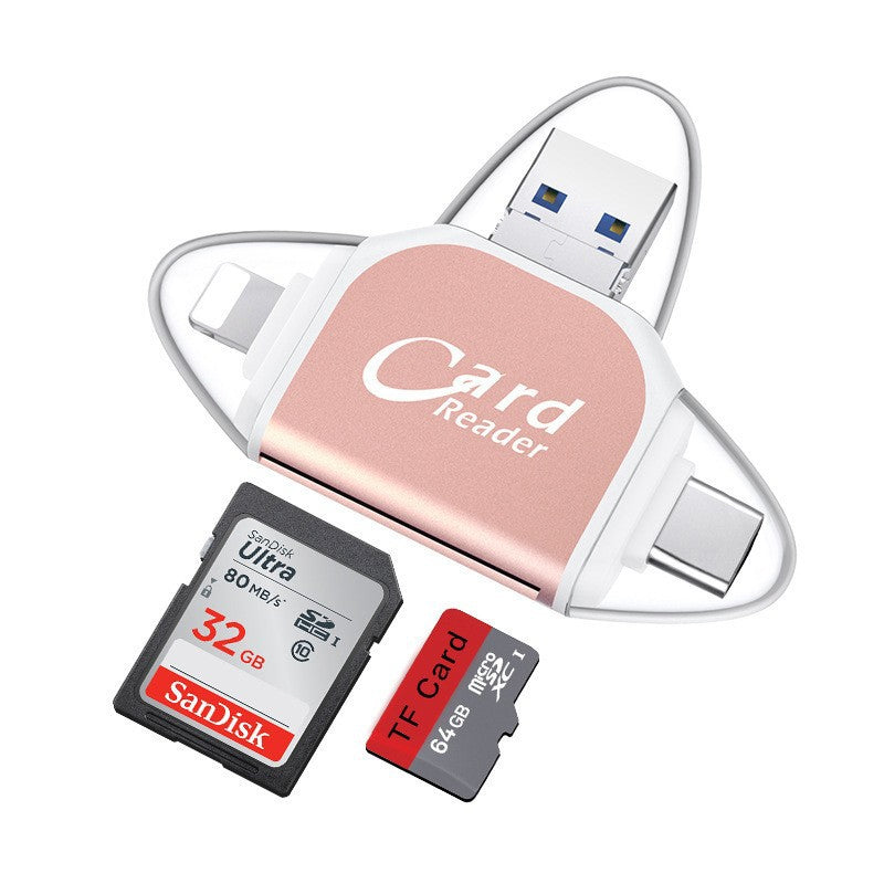 Detaljert visning av kortleserens Lightning, USB-C og Micro USB-kontakter for bred enhetskompatibilitet.