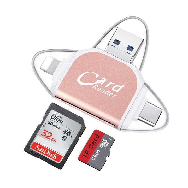 Detaljert visning av kortleserens Lightning, USB-C og Micro USB-kontakter for bred enhetskompatibilitet.