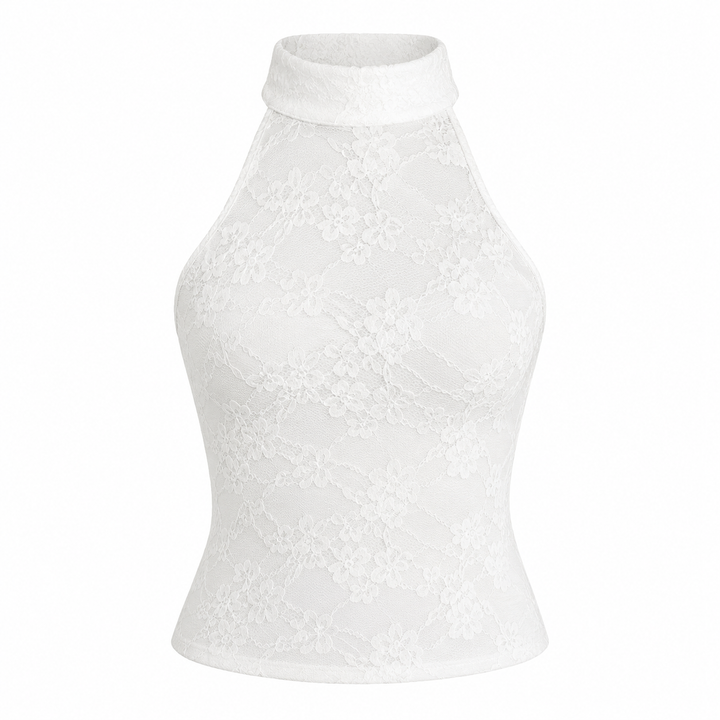 Hvit dame halterneck topp, høy hals og ryggløs slim fit for en elegant sommerlook.