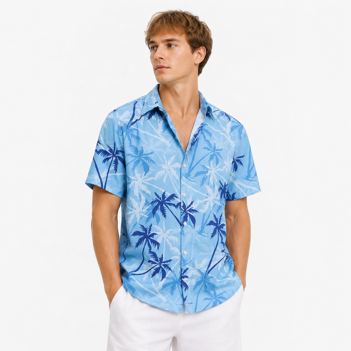 Herre hawaiiskjorte med tropisk palmetreprint, perfekt for sommer, ferie og strandmote.