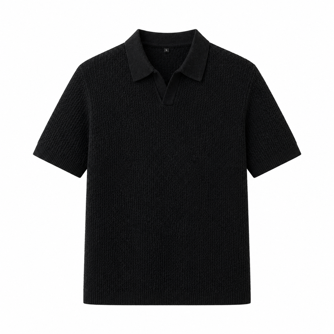 Slimfit herre strikkepolo for sommer. Pustende v-hals skjorte med hollow mønster for elegant stil.