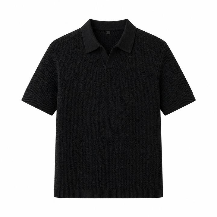 Slimfit herre strikkepolo for sommer. Pustende v-hals skjorte med hollow mønster for elegant stil.