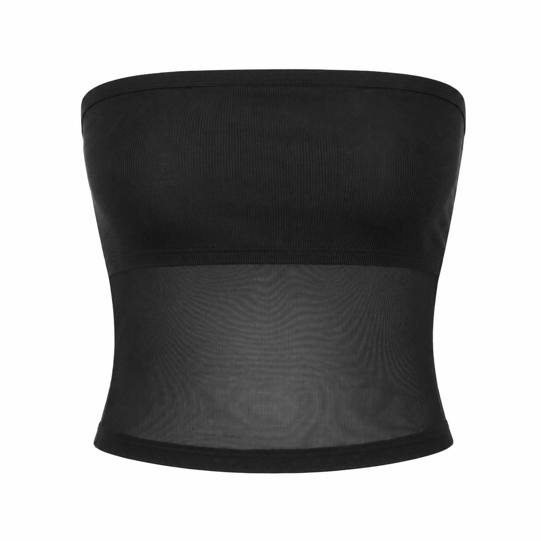 Feminine stroppeløs mesh bustier korsettopp i svart, en trendy og elegant crop topp for festbruk.