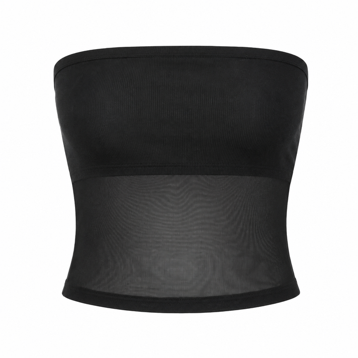 Feminine stroppeløs mesh bustier korsettopp i svart, en trendy og elegant crop topp for festbruk.