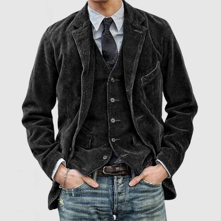 Elegant vintage herre blazer og vest sett i brunt tweed stoff, ideelt for formelle og fritidsantrekk.