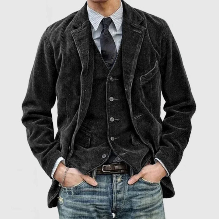 Stilfullt herre blazer og vest sett i vintage-stil, perfekt for moderne menn som ønsker et klassisk uttrykk.