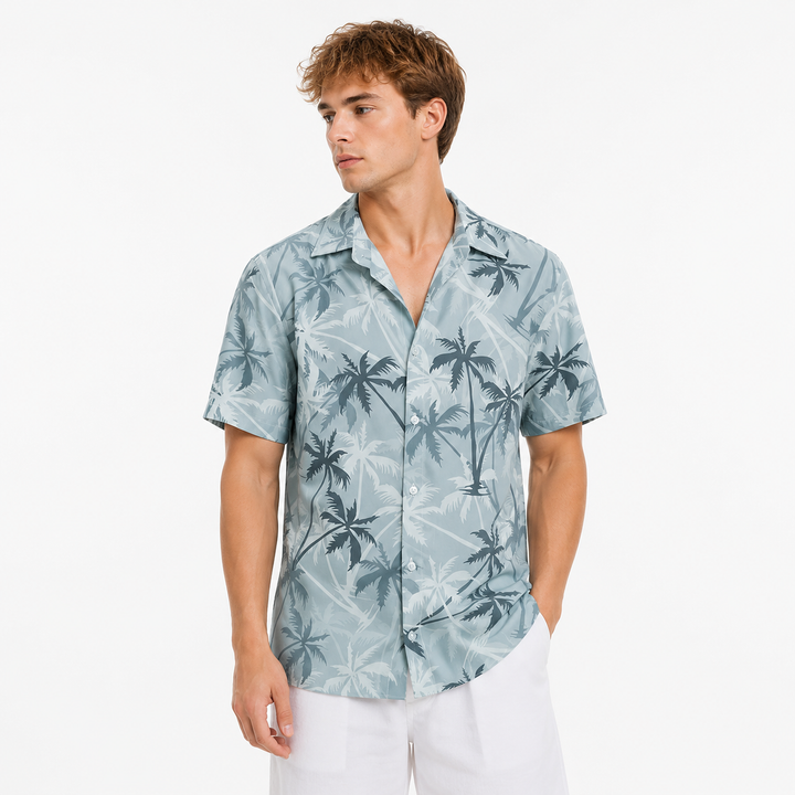 Klassisk herre aloha-skjorte med detaljert palmetreprint, perfekt mønstret ferieskjorte for menn.