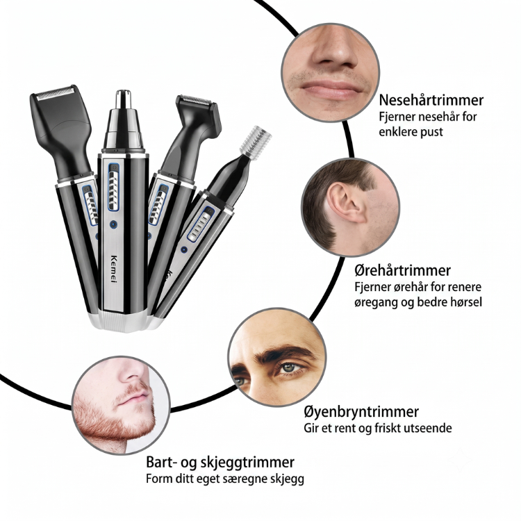 Ergonomisk nesehårstrimmer i bruk. Fjerner effektivt uønsket nese- og ørehår for ren og frisk look.