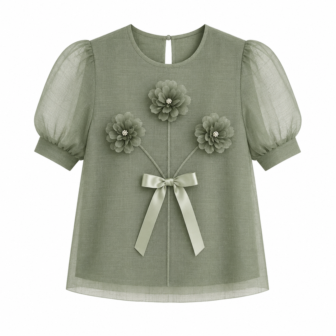 Dame topp med vakre 3D-blomster og elegante puffermer. Plissert stoff gir en sofistikert feminin stil.
