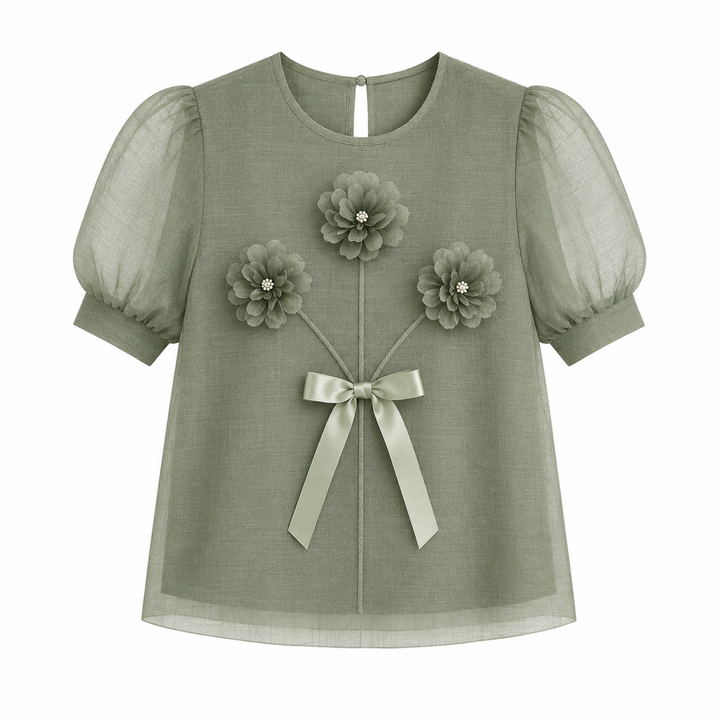 Dame topp med vakre 3D-blomster og elegante puffermer. Plissert stoff gir en sofistikert feminin stil.