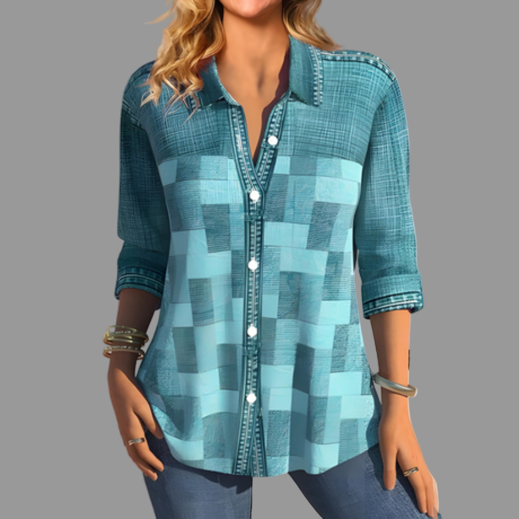 Kaki damebluse med knappefront, langermet og komfortabel for casual vår- eller høstklær, allsidig stil.