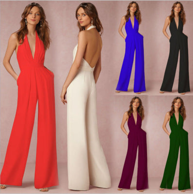 Halterneck jumpsuit for kvinner med brede ben, elegant og ryggløs design for sommerfester.