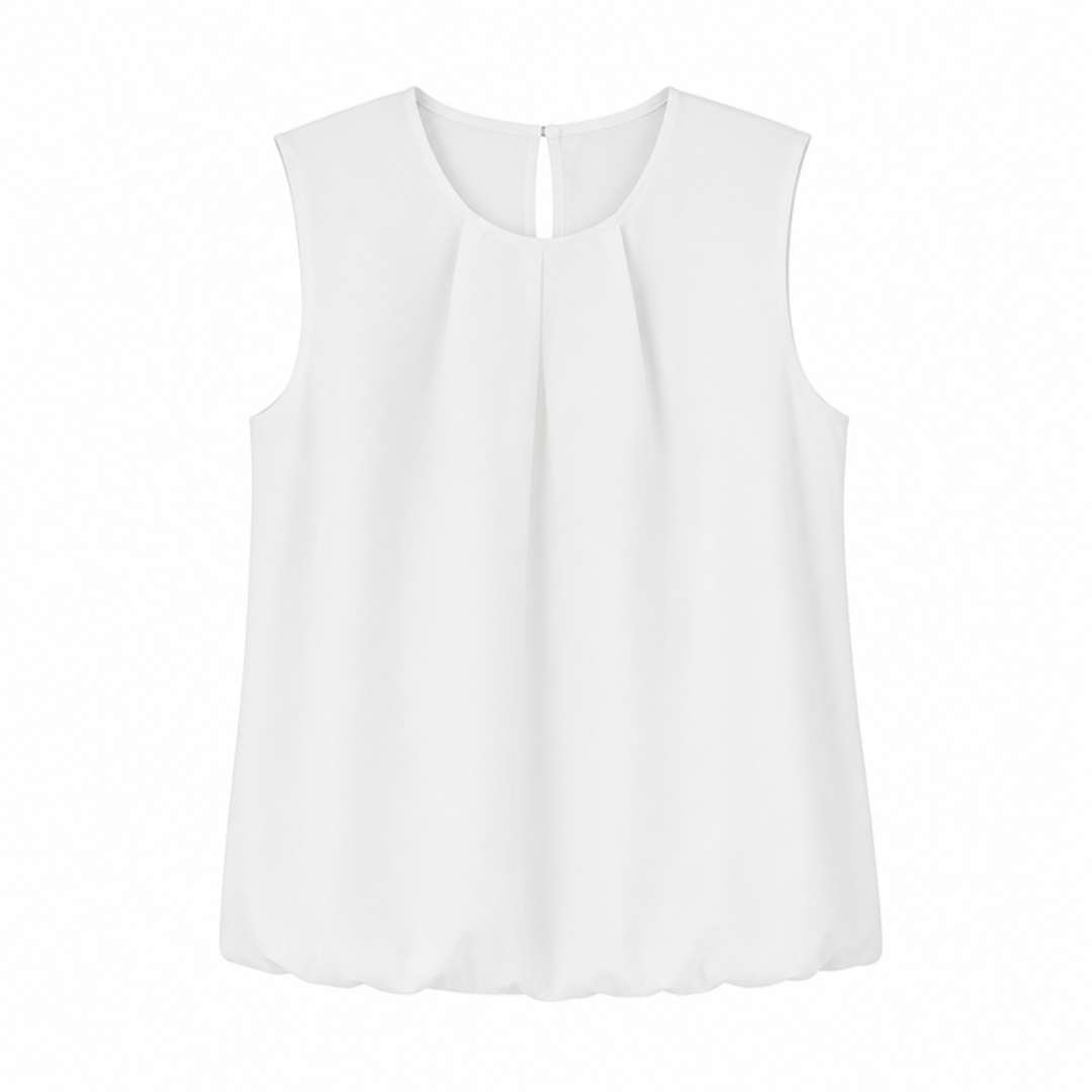 Trendy asymmetrisk plissert damebluse. Ermeløs sommertopp med moderne snitt for kontor og fritid.