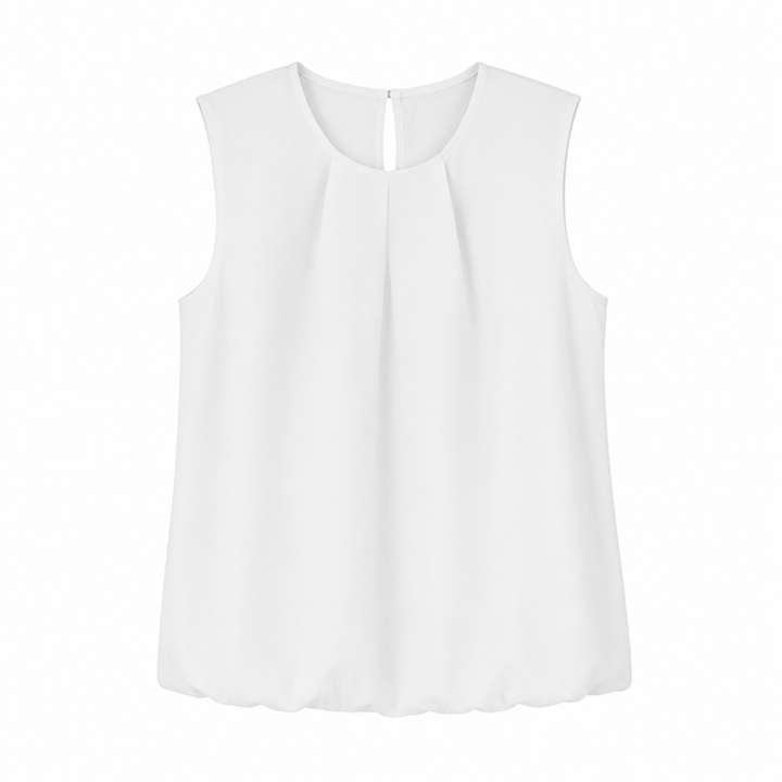 Trendy asymmetrisk plissert damebluse. Ermeløs sommertopp med moderne snitt for kontor og fritid.