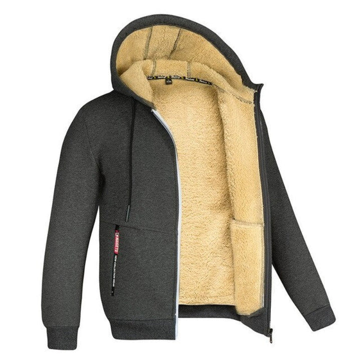 Varm vinter hettegenser for menn, mørkegrå, slim fit med glidelås og hette.