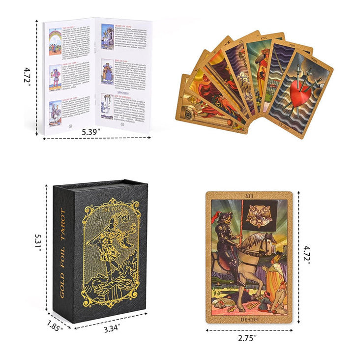 Tarotstokk i gullfolie, luksuriøs og esoterisk, for veiledning og selvrefleksjon.