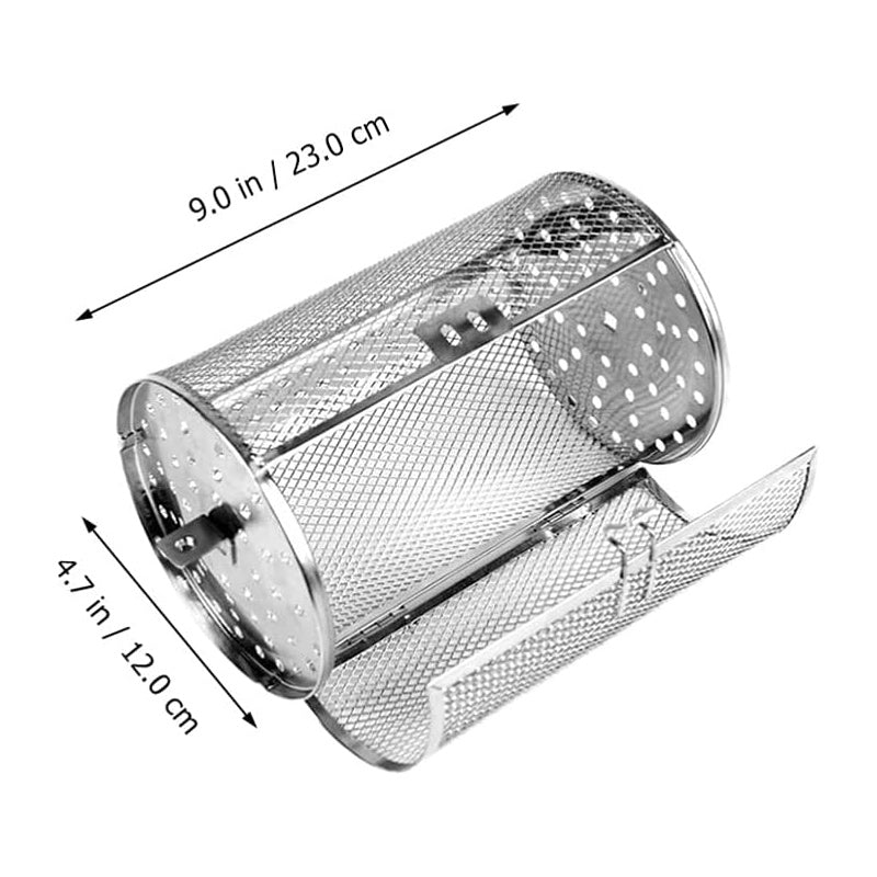 Holdbar roterende grillkurv i rustfritt stål for optimal matlaging og jevn steking av ingredienser.