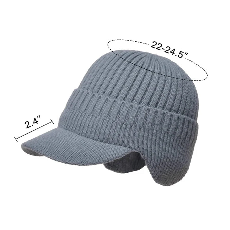 Tykk og varm strikket unisex lue med integrert ørebeskyttelse for kulde.