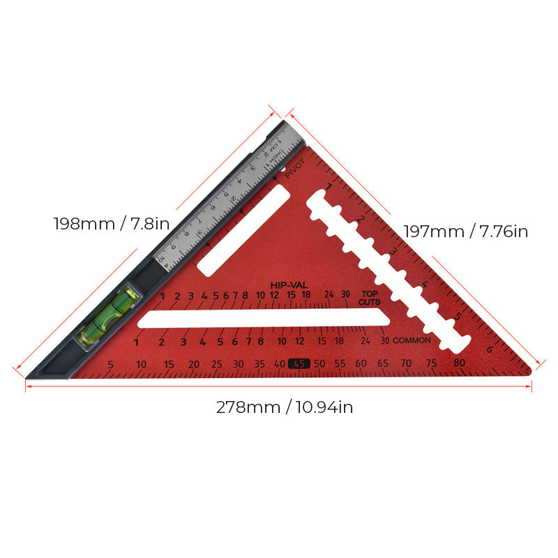 Detalj av justerbar låsemekanisme på profesjonell trekantlinjal for trearbeid.