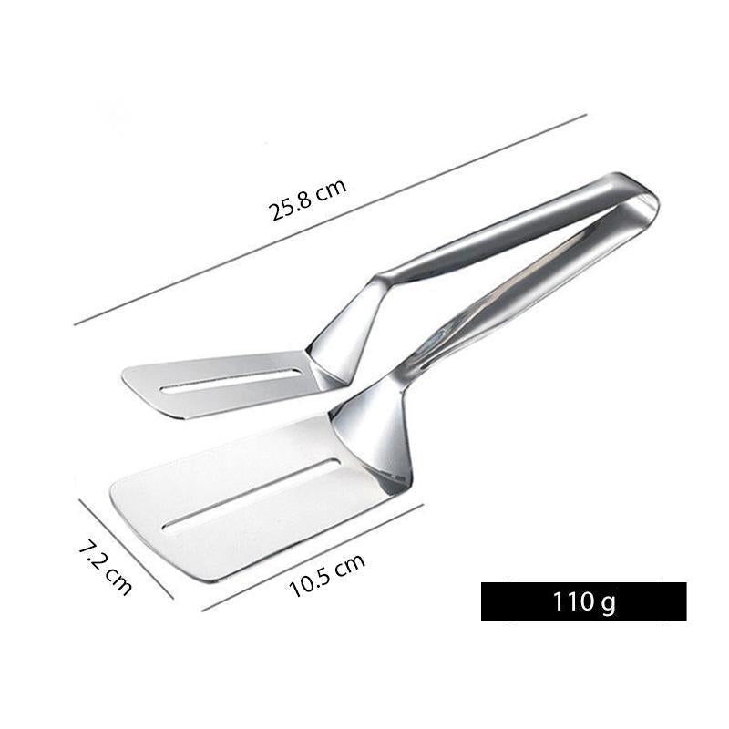 Robust grilltang i rustfritt stål med dobbeltsidig design for enkel håndtering av mat.