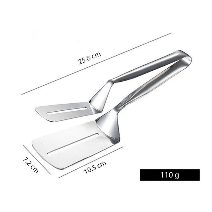 Robust grilltang i rustfritt stål med dobbeltsidig design for enkel håndtering av mat.