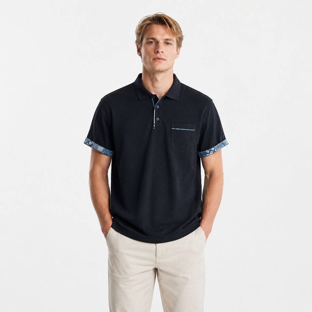 Vintage marine herre polo, kortermet med retro mønster og krage for elegant sommerstil og fritidsbruk.