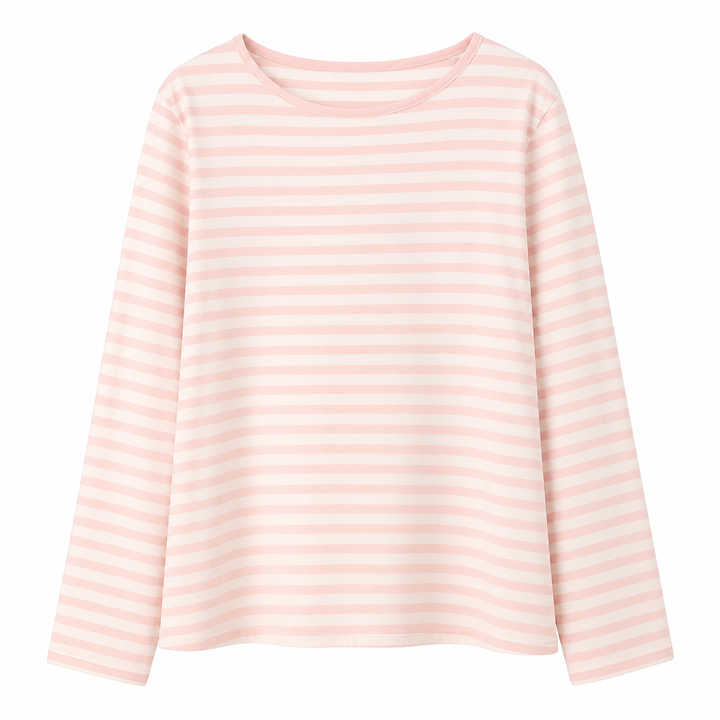 Rosa minimalistisk koreansk strikkesett for dame, med elegant topp og sjal. Stripete design, perfekt vår/sommer.