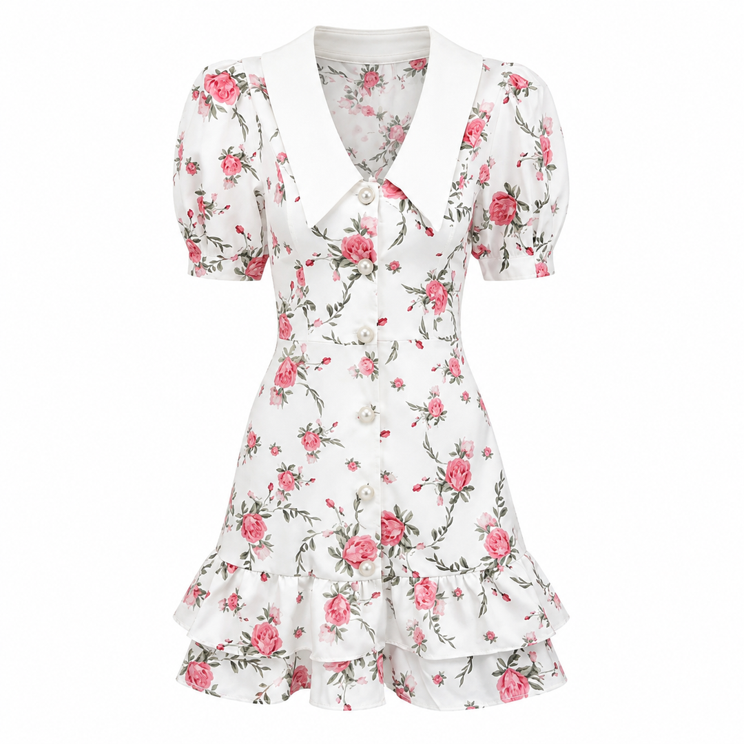 Mønstret minikjole for dame med krage, figurnær passform. Elegant festkjole eller stilfull sommerkjole i rosa/blå.