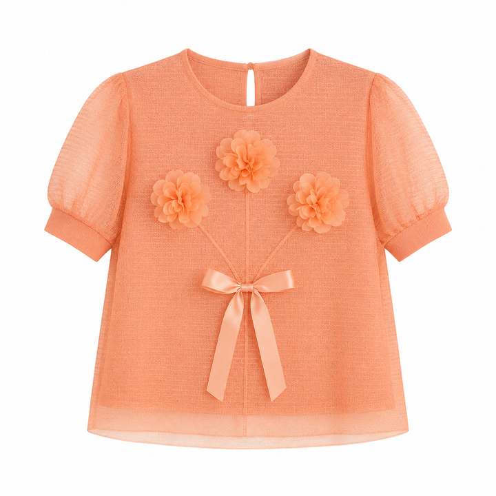Grønn feminin plissert dametopp med voluminøse puffermer og intrikate 3D-blomster. Perfekt for sommer.
