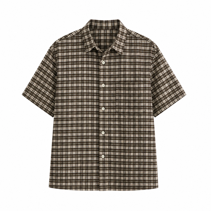 Løs rutete lyocell herreskjorte i kaffebrun for avslappet sommerstil. Komfortabel streetwear med japansk inspirasjon.