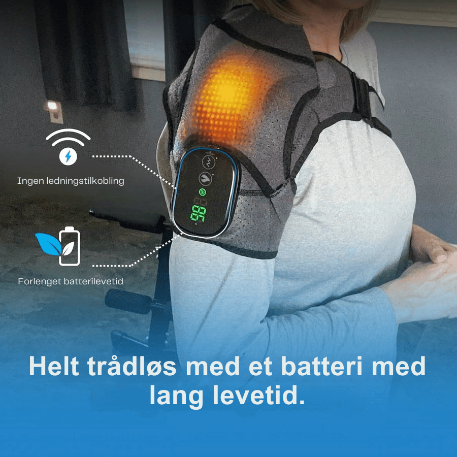 Praktisk hjemmeterapi for skuldersmerter; tilbyr massasje, varme & effektiv smertelindring enkelt.