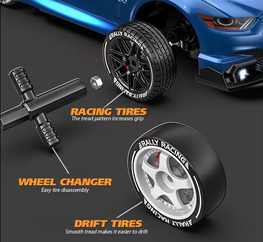 Detaljert chassis av en robust 4WD RC driftbil, bygget for ytelse.