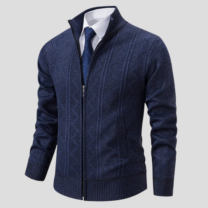 Komfortabel menns strikkecardigan, ideell for høstmote og vinterklær. Elegant åpen front.