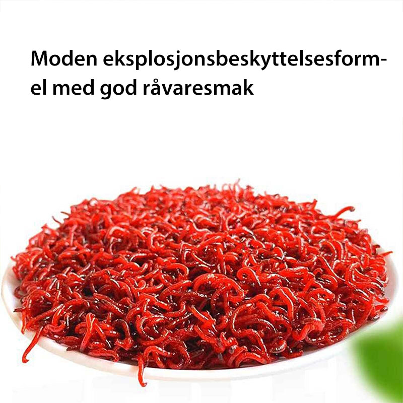 Flytende rød orm fiskeagn i flaske. Kraftig fiskelokk for sportsfiske. Enkel å bruke for alle fiskere.
