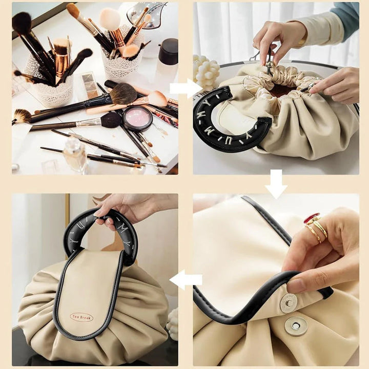 Elegant beige sminkeveske i PU-skinn med snøring, ideell for kosmetikkorganisering.