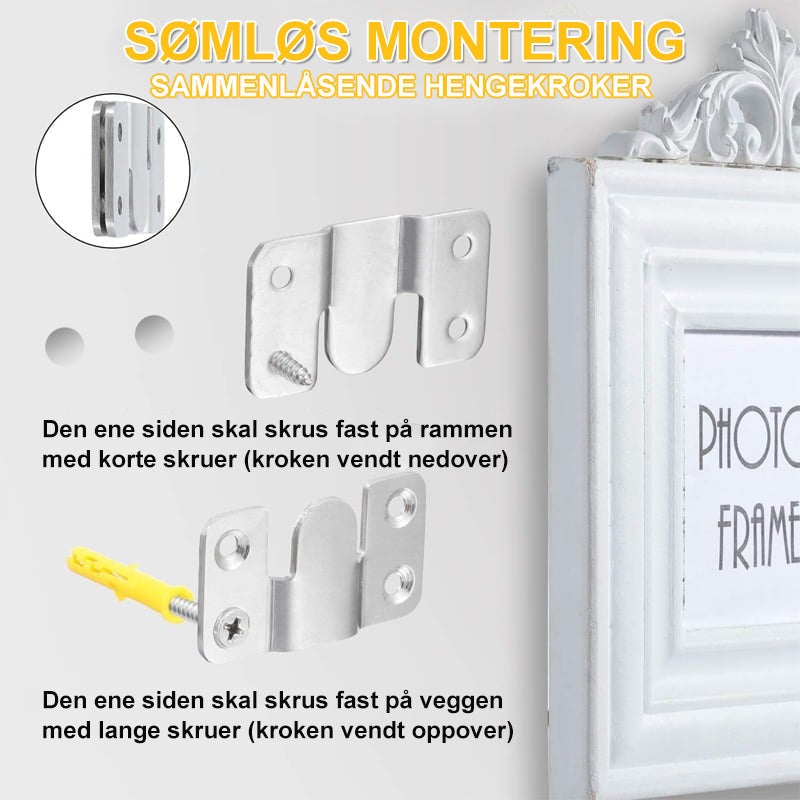 Robuste opphengskroker for bilderammer, sikrer stabilt veggfeste uten synlige skruer.