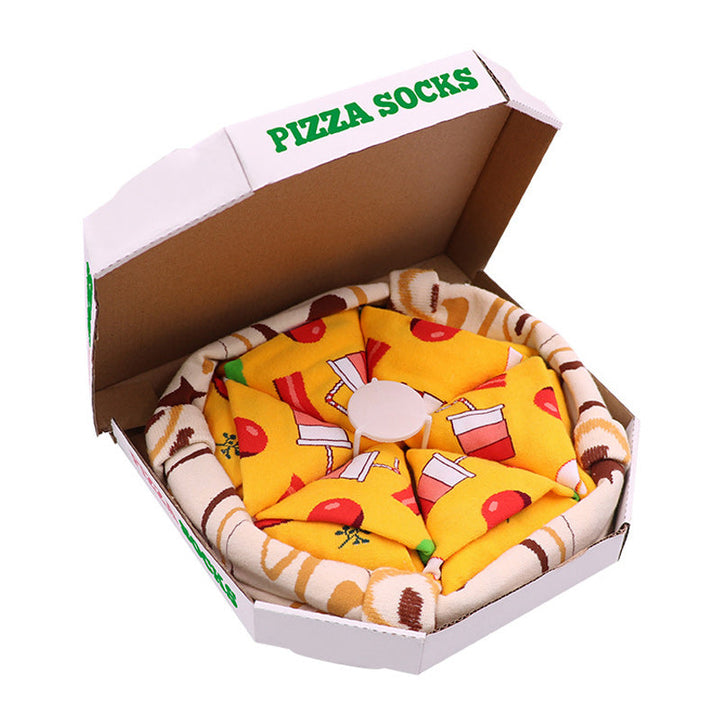 Pizzasokker for alle: En morsom gave med 4 par fargerike sokker, pent pakket i en unik pizzaboks.